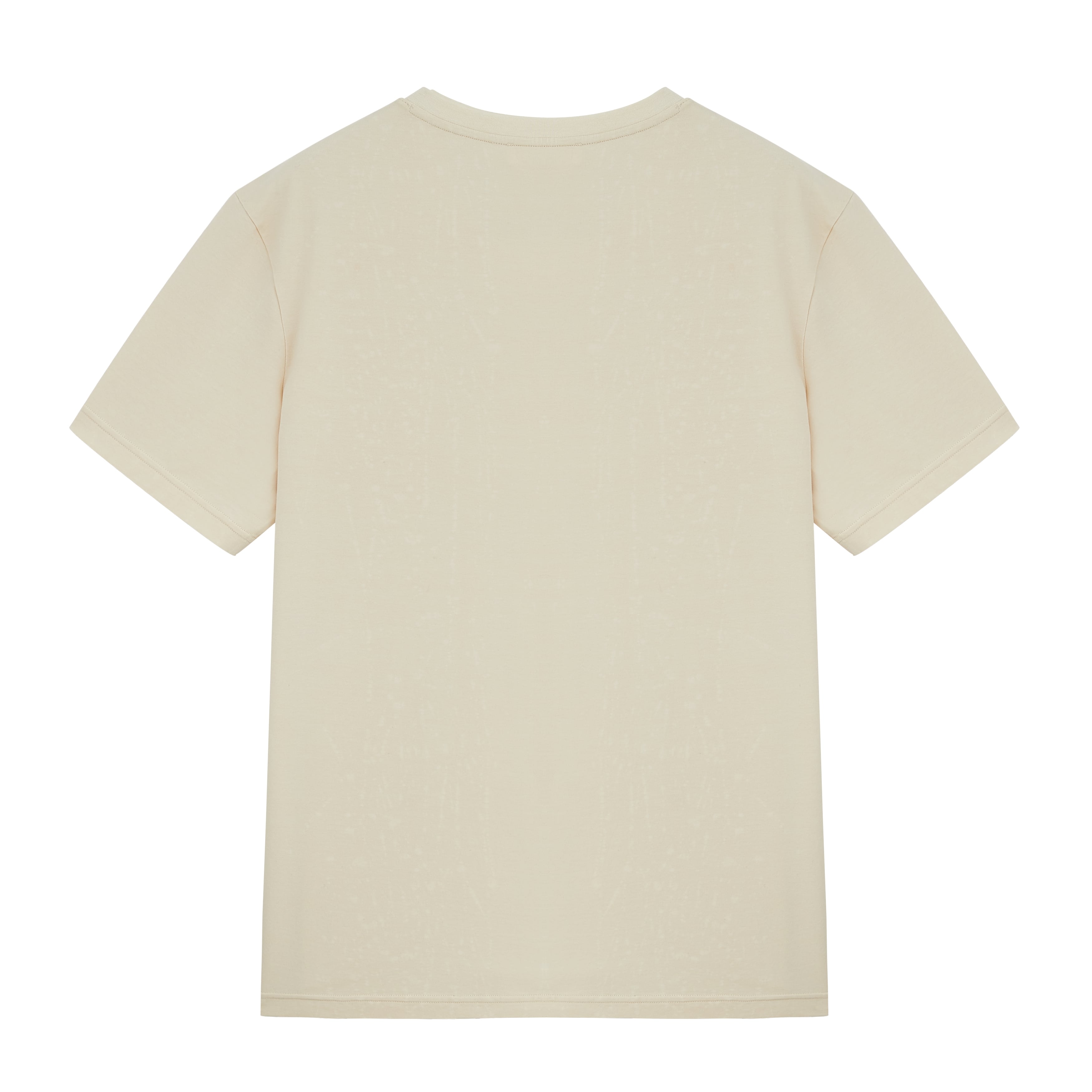 Flat lay of back of tan T-shirt. Almond color.