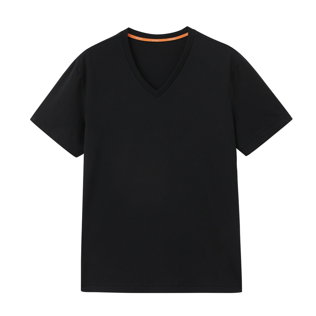 Flat lay of black V-neck T-shirt. Black color.