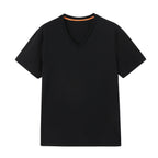 Flat lay of black V-neck T-shirt. Black color.