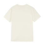 Flat lay of back of beige T-shirt. White color.