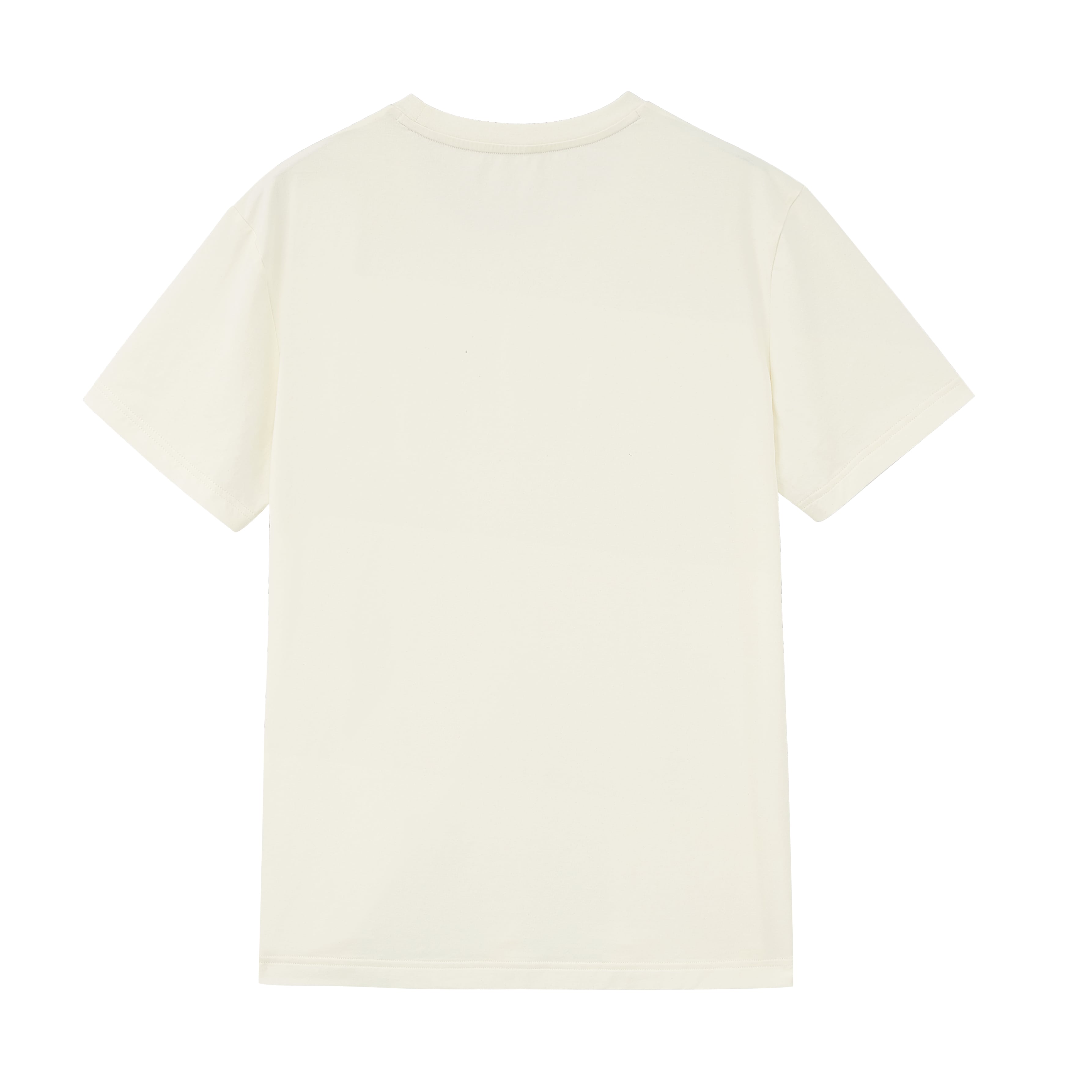 Flat lay of back of beige T-shirt. White color.