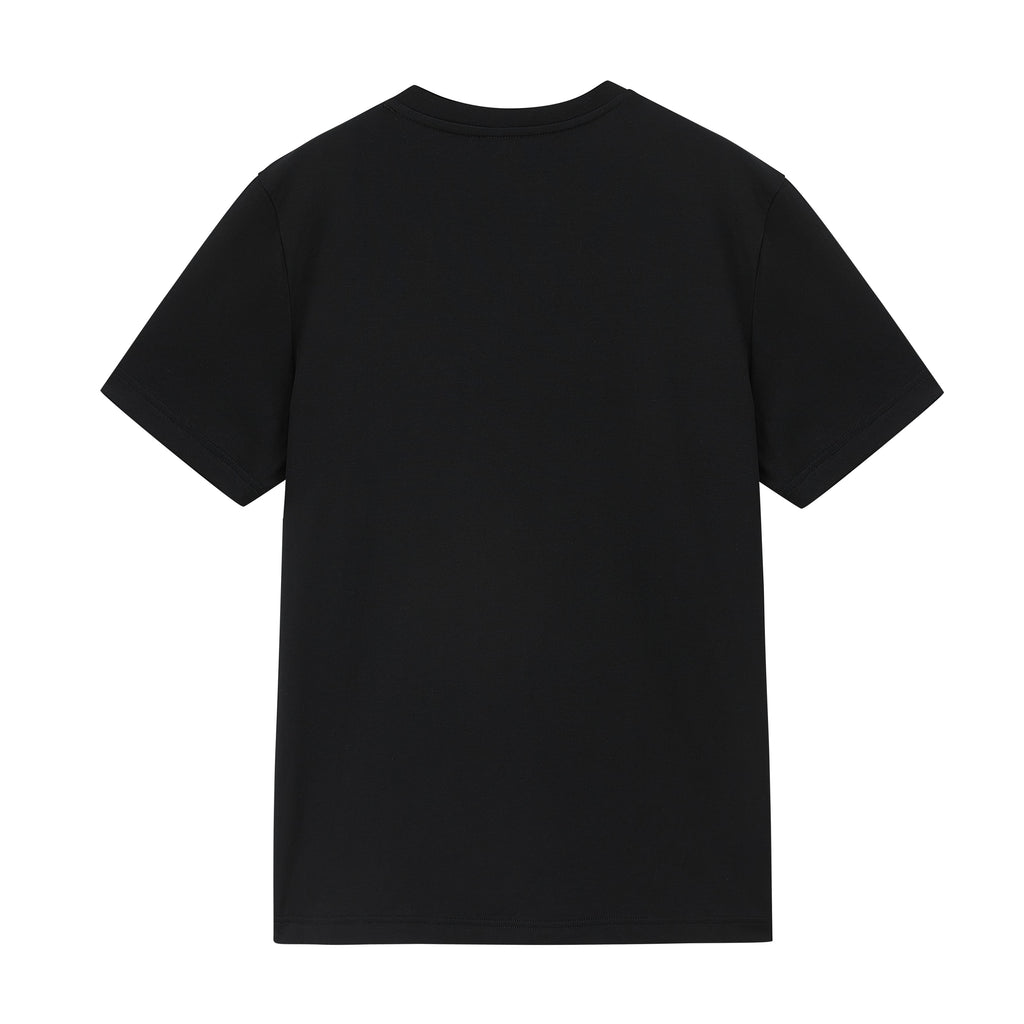 Flat lay of back of black T-shirt. Black color.