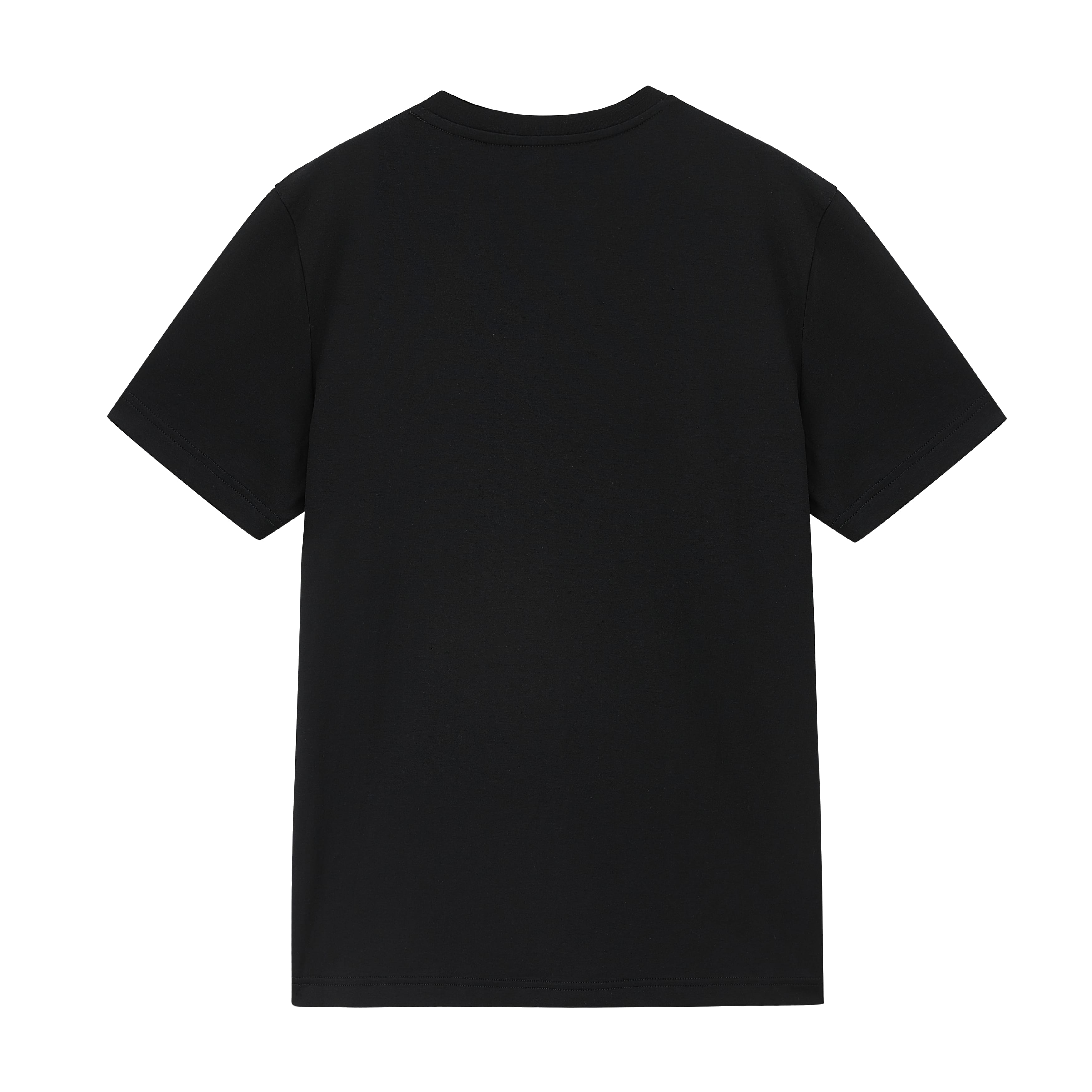 Flat lay of back of black T-shirt. Black color.