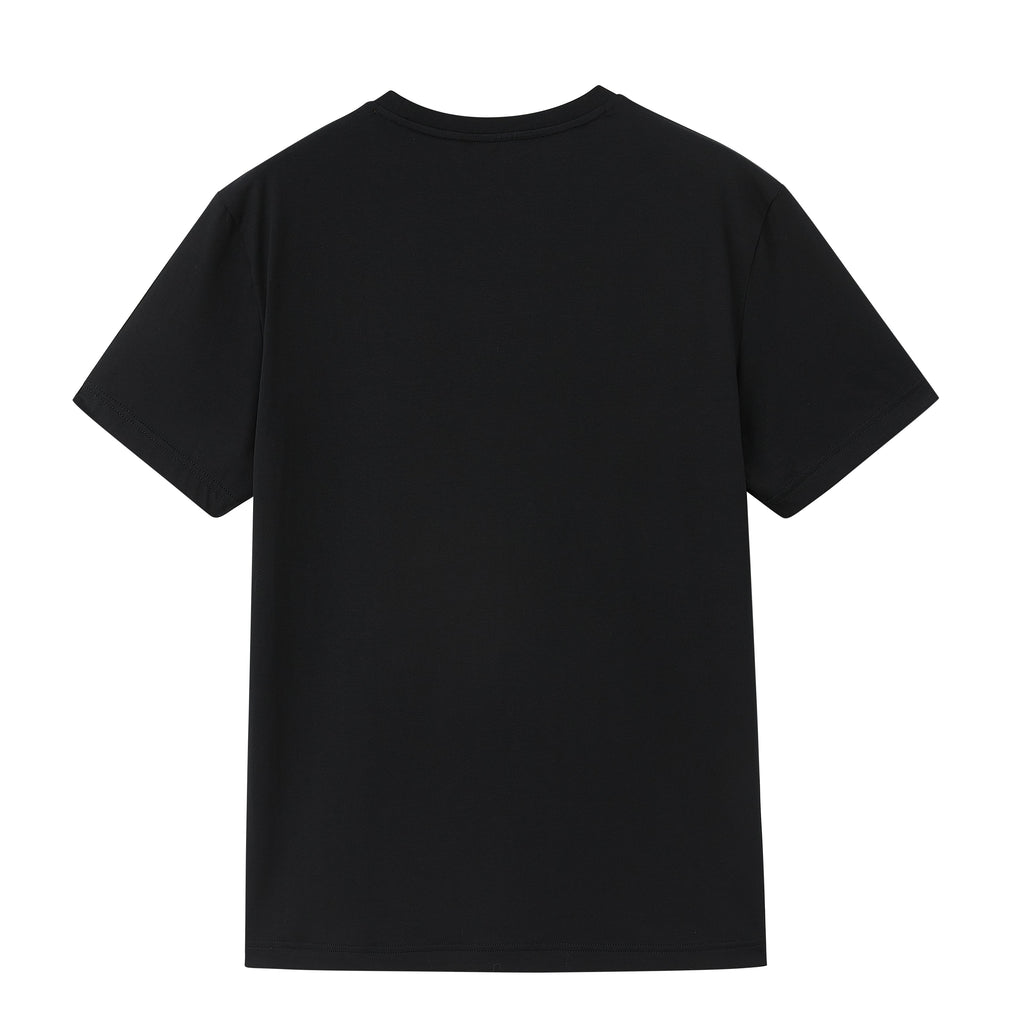 Flat lay of back of black T-shirt. Black color.