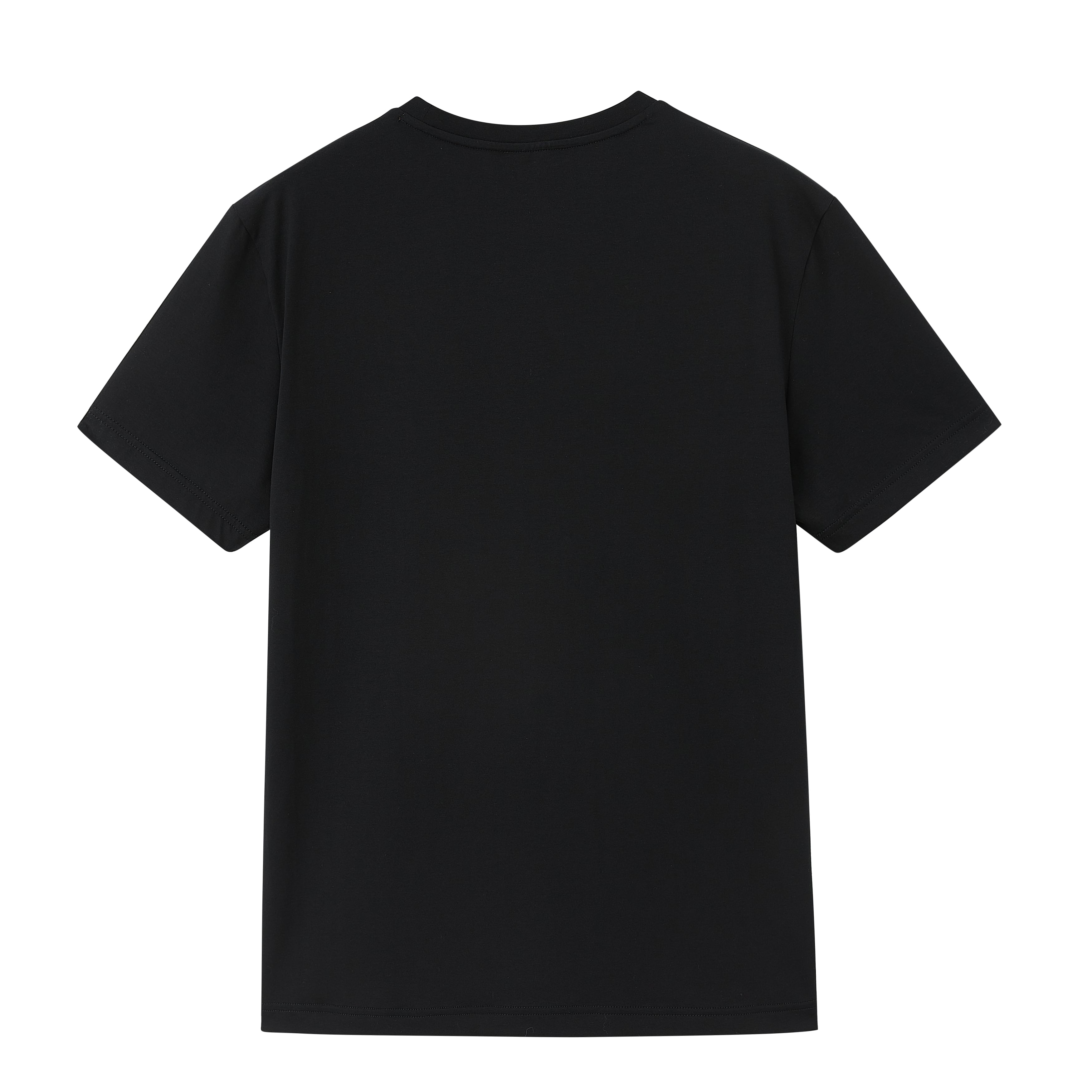 Flat lay of back of black T-shirt. Black color.