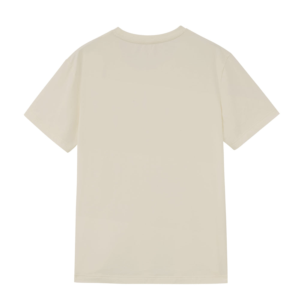 Flat lay of back of tan T-shirt. Almond color.