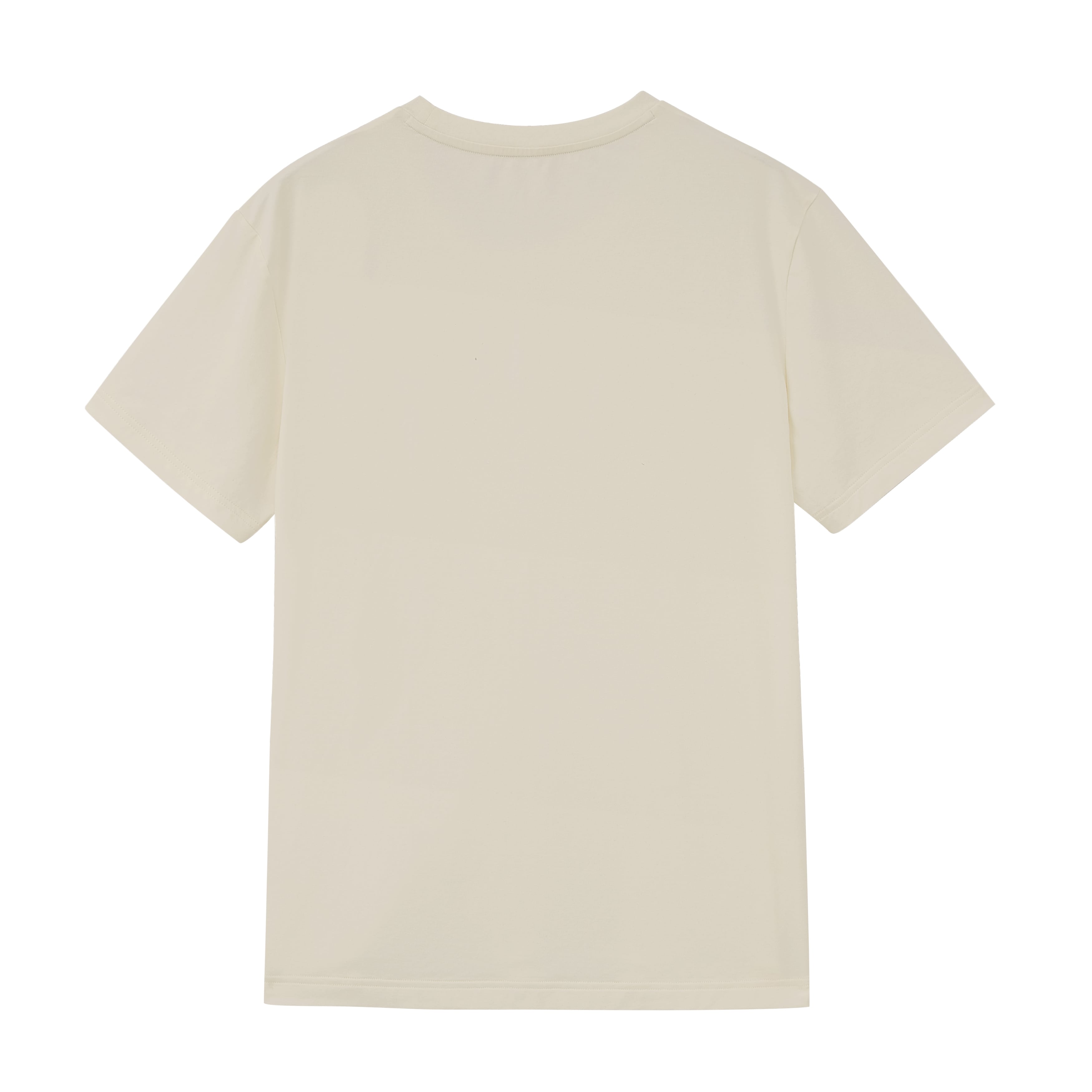 Flat lay of back of tan T-shirt. Almond color.