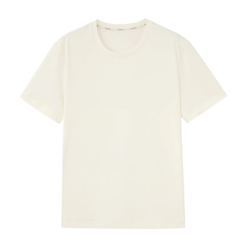 Flat lay of beige T-shirt. White color.