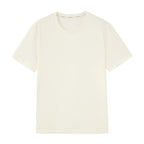 Flat lay of beige T-shirt. White color.