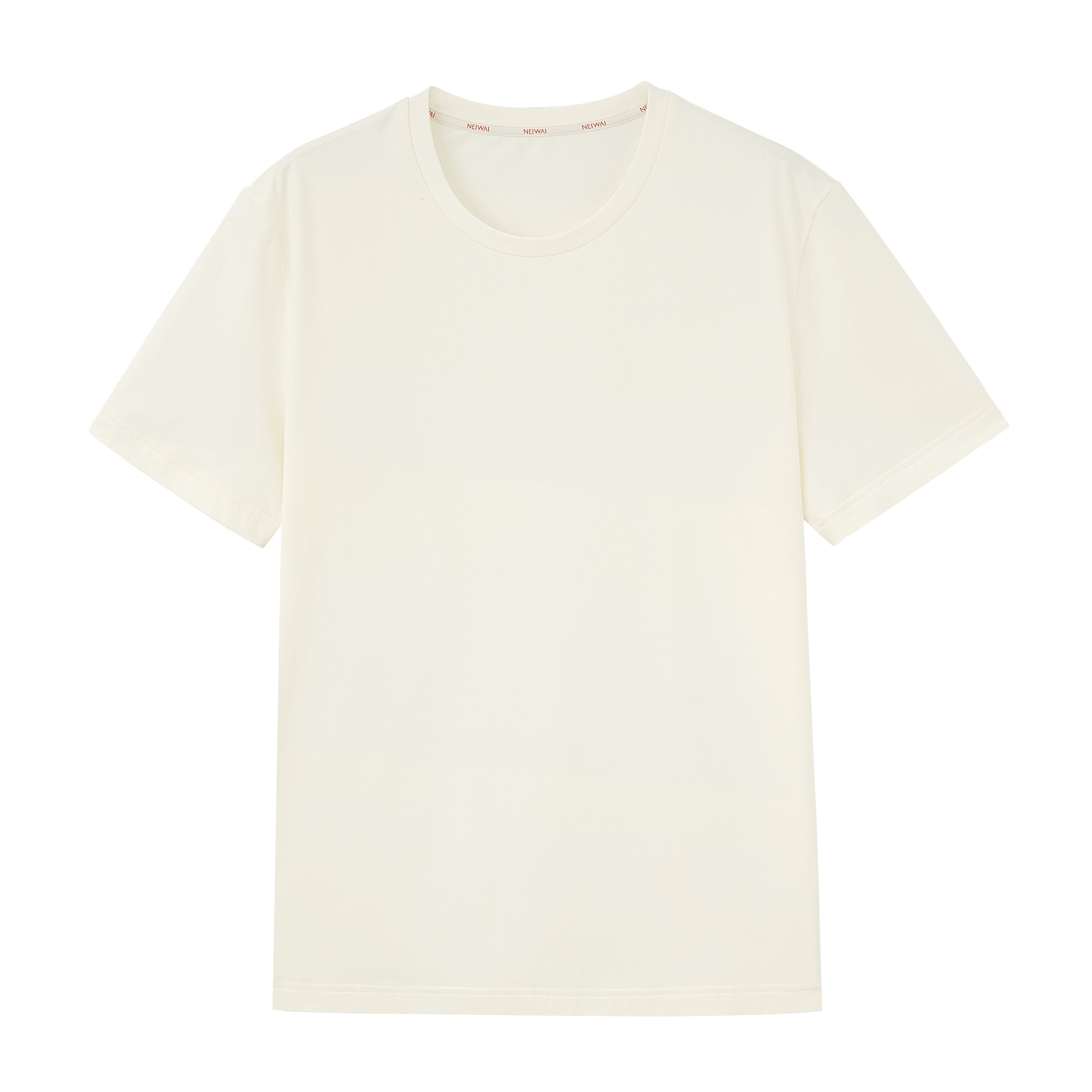 Flat lay of beige T-shirt. White color.