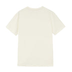 Flat lay of back of beige T-shirt. White color.
