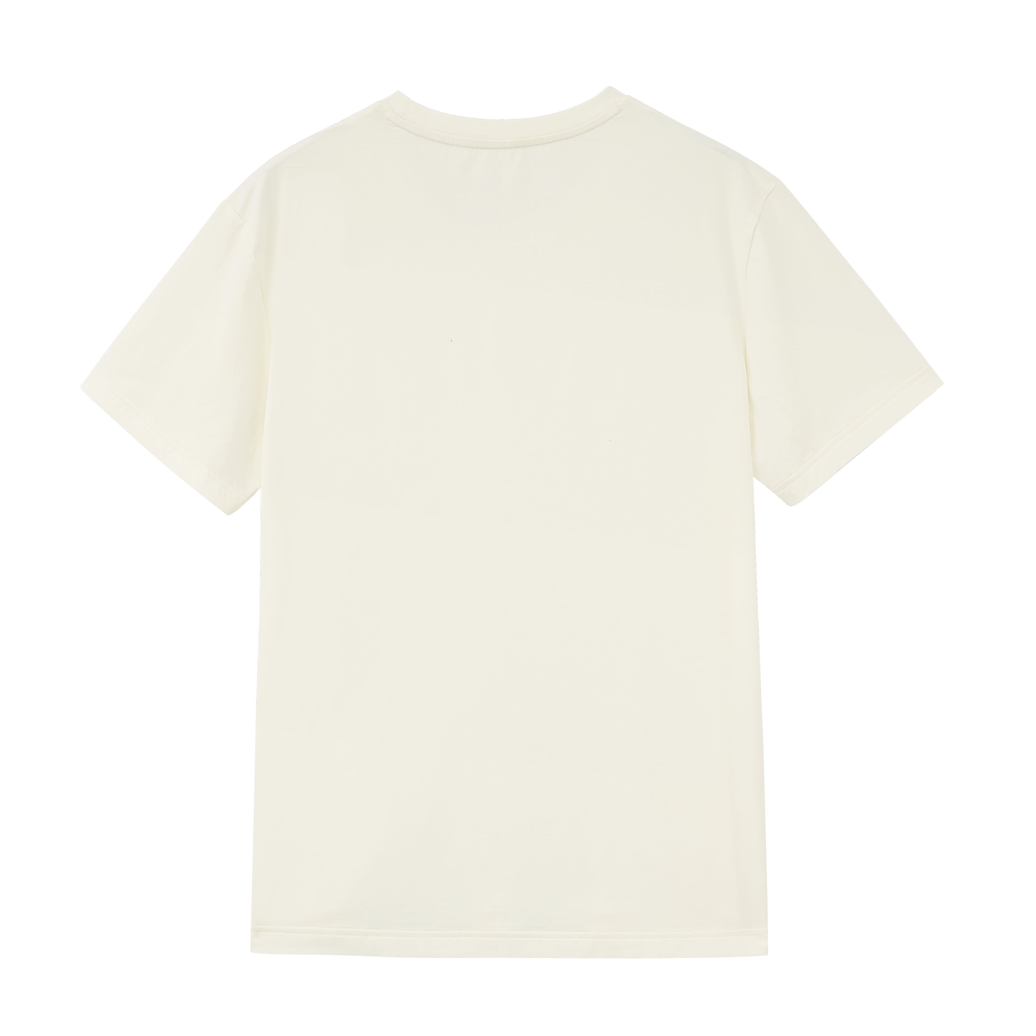 Flat lay of back of beige T-shirt. White color.