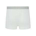 Flat lay of back of gray boxer briefs with gray waistband. White color.