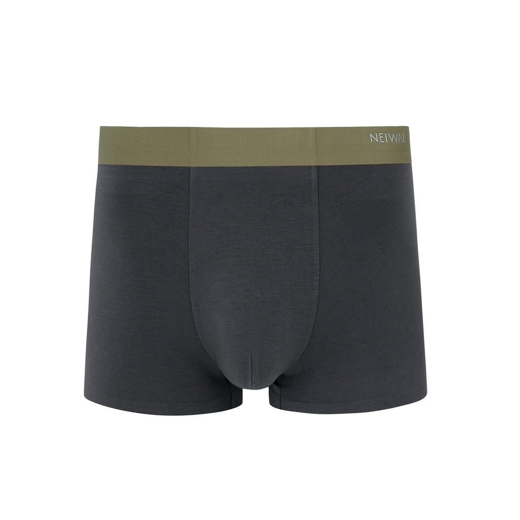 Flat lay of navy boxer briefs with olive waistband. Steel Blue color. 