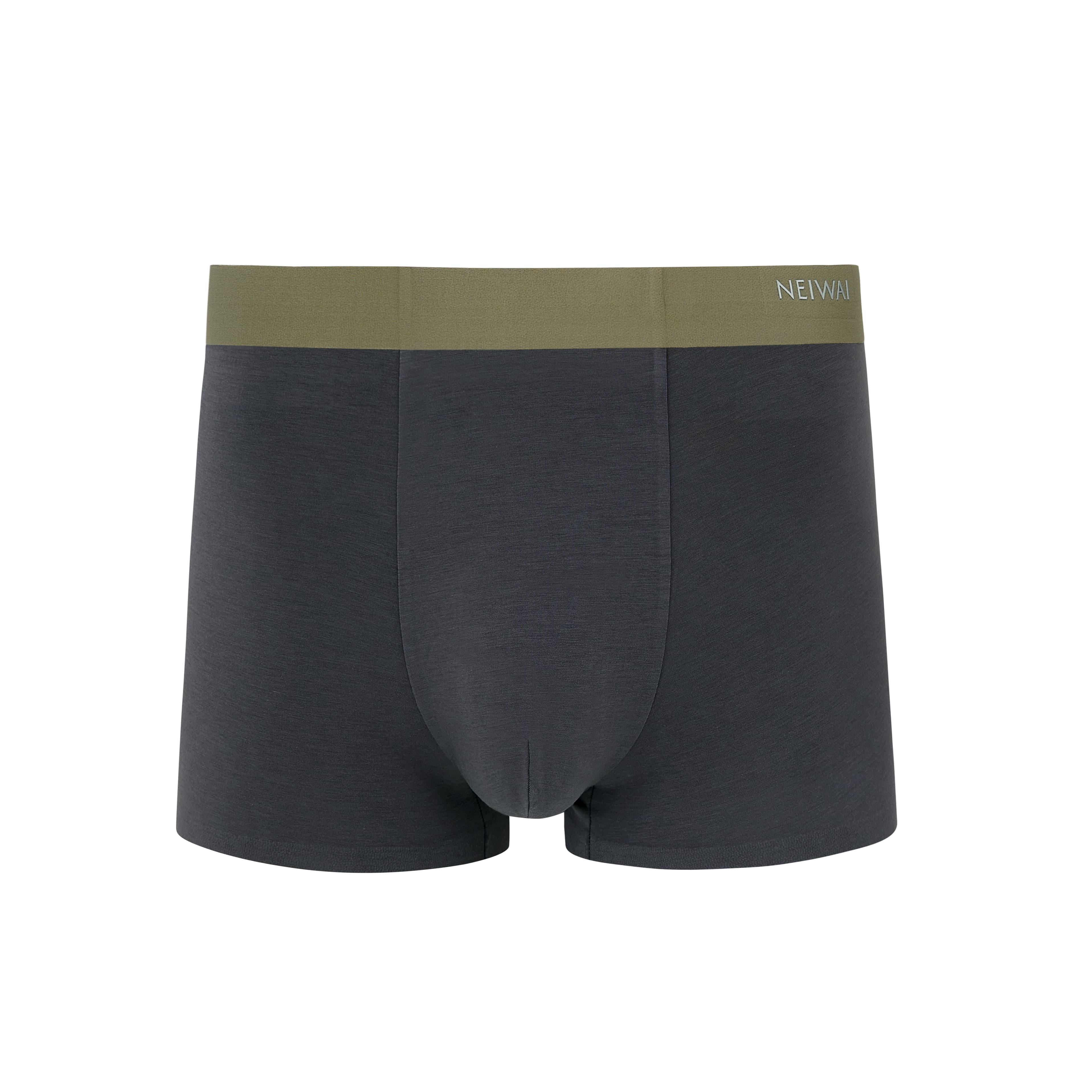 Flat lay of navy boxer briefs with olive waistband. Steel Blue color. 