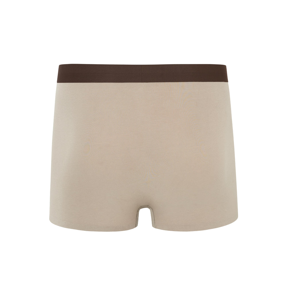 Flat lay of back of tan boxer briefs with brown waistband. Light Heather color. 
