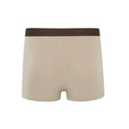 Flat lay of back of tan boxer briefs with brown waistband. Light Heather color. 