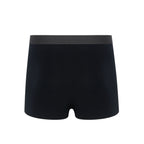 Flat lay of back of black boxer briefs with black waistband. Black color. 