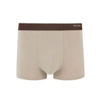 Flat lay of tan boxer briefs with brown waistband. Light Heather color. 