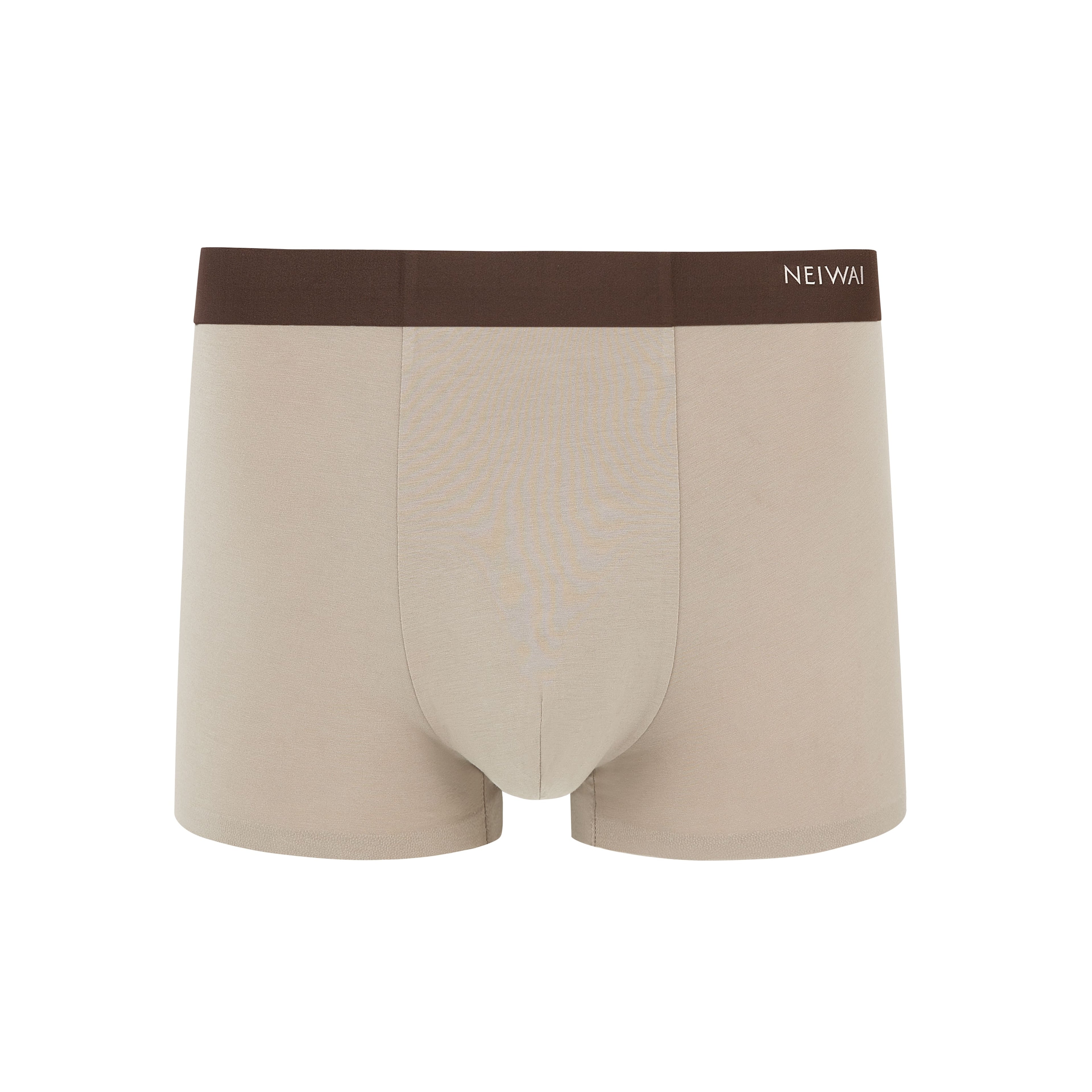 Flat lay of tan boxer briefs with brown waistband. Light Heather color. 