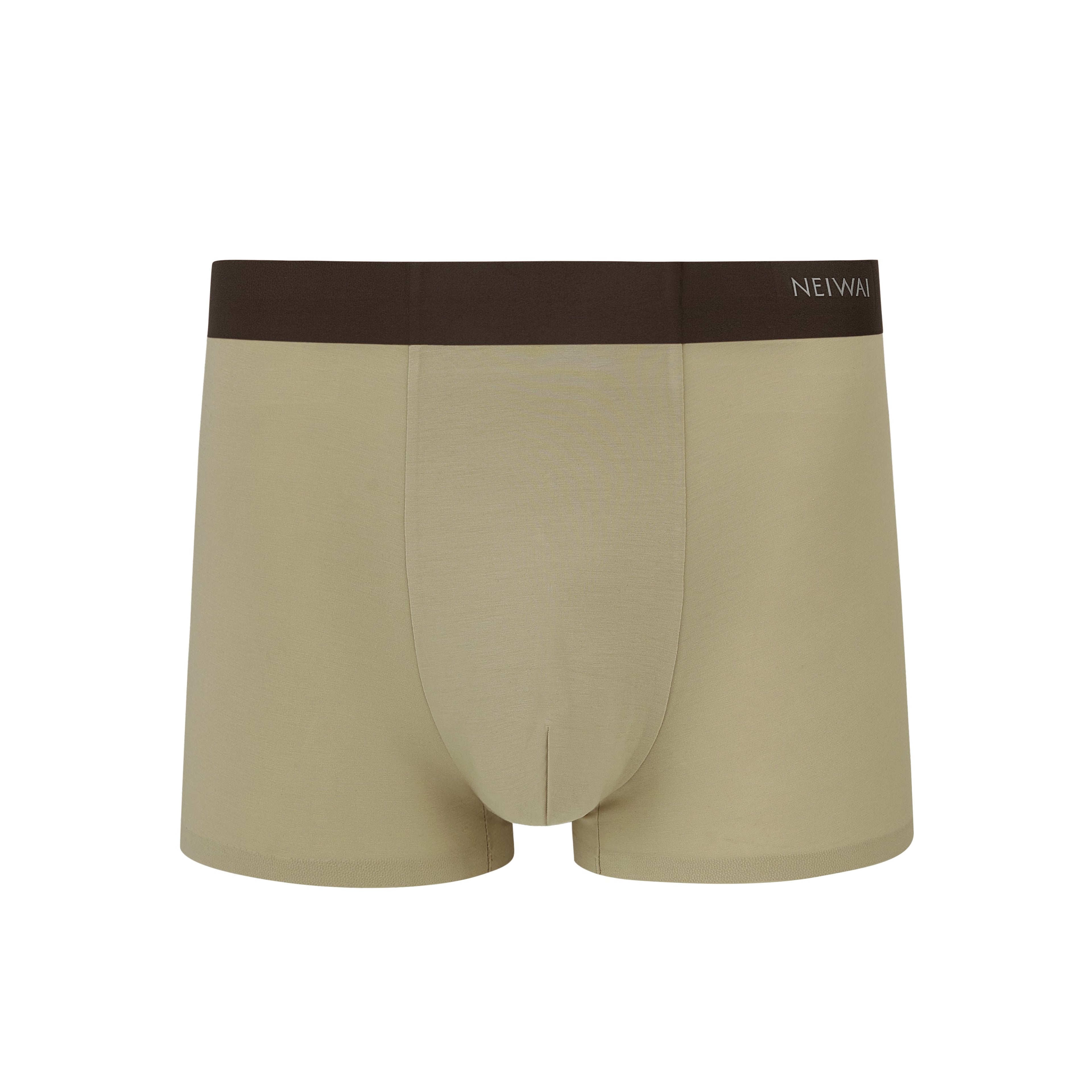 Flat lay of khaki boxer briefs with brown waistband