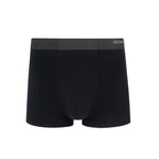 Flat lay of black boxer briefs with black waistband. Black color.