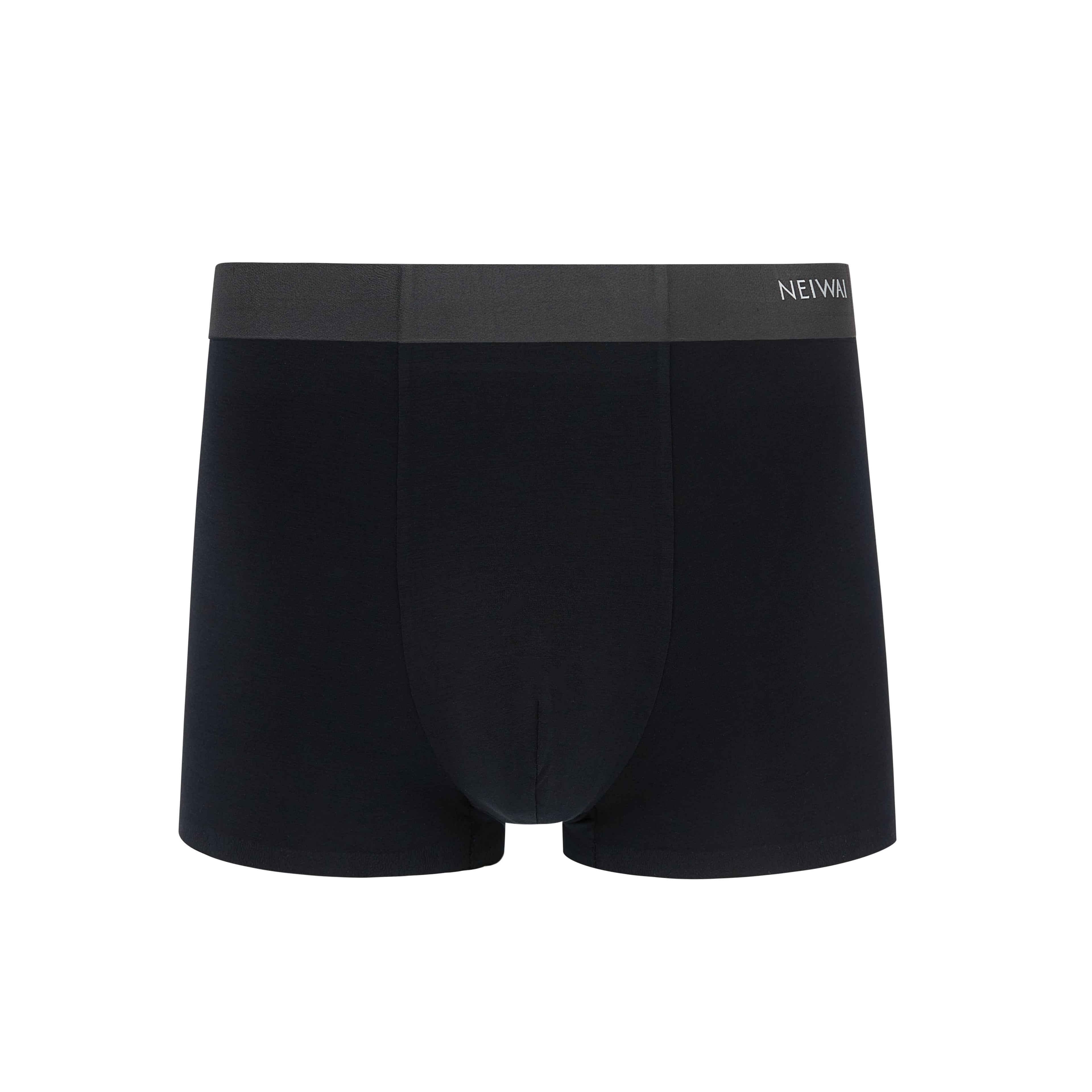 Flat lay of black boxer briefs with black waistband