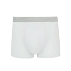 Flat lay of gray boxer briefs with gray waistband. White color.