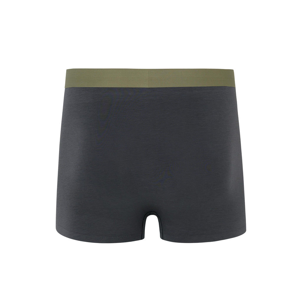 Flat lay of back of navy boxer briefs with olive waistband. Steel Blue color. 