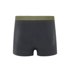 Flat lay of back of navy boxer briefs with olive waistband. Steel Blue color. 