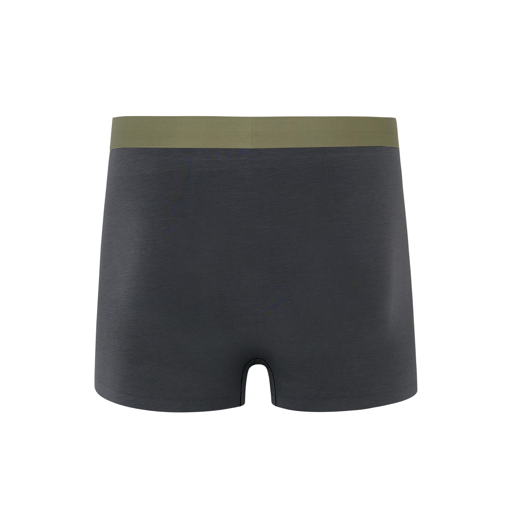 Flat lay of back of navy boxer briefs with olive waistband