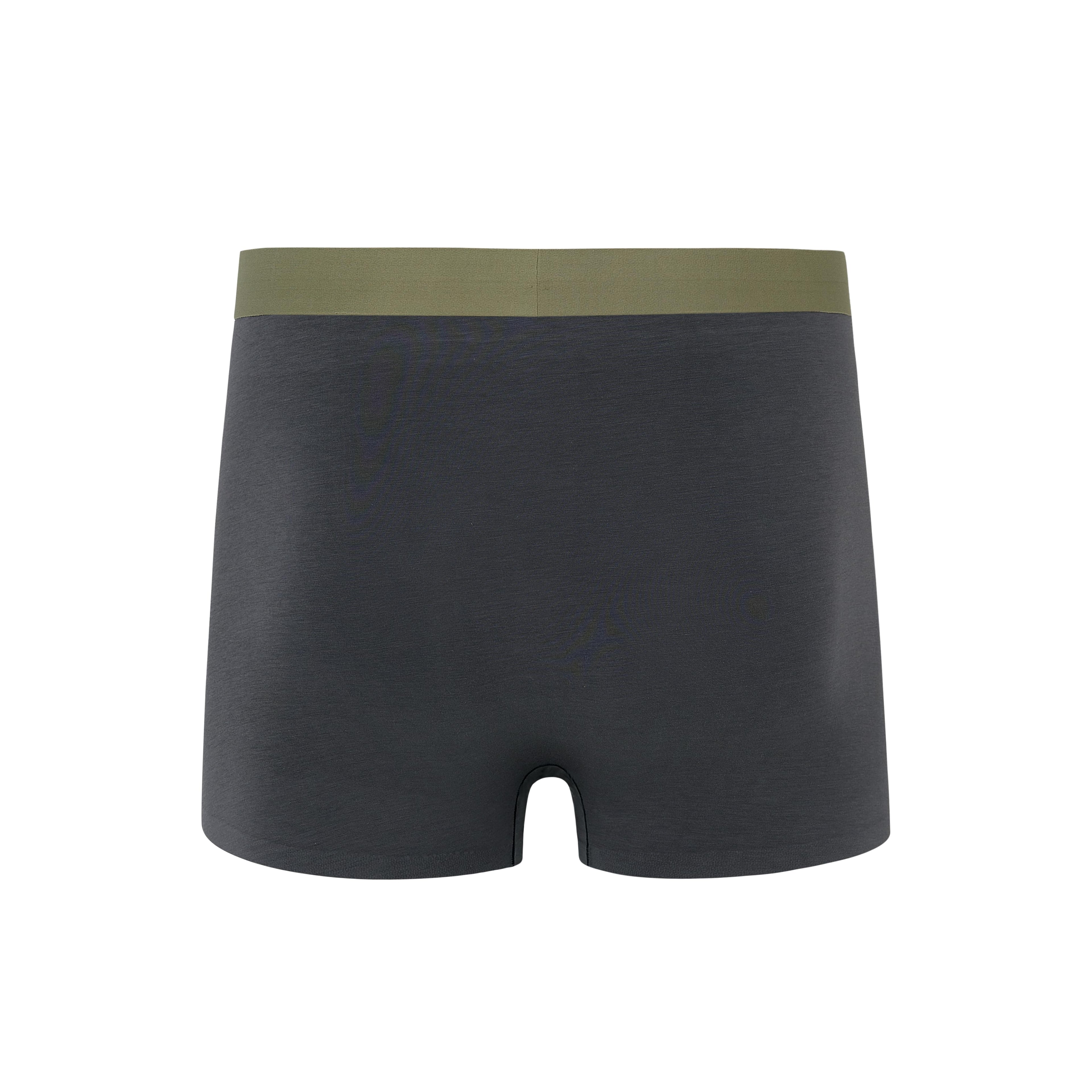 Flat lay of back of navy boxer briefs with olive waistband. Steel Blue color. 