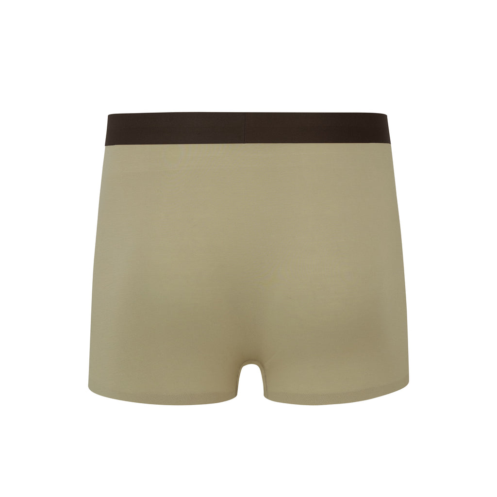 Flat lay of back of khaki boxer briefs with brown waistband. Camel color.
