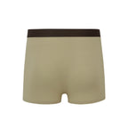 Flat lay of back of khaki boxer briefs with brown waistband. Camel color.