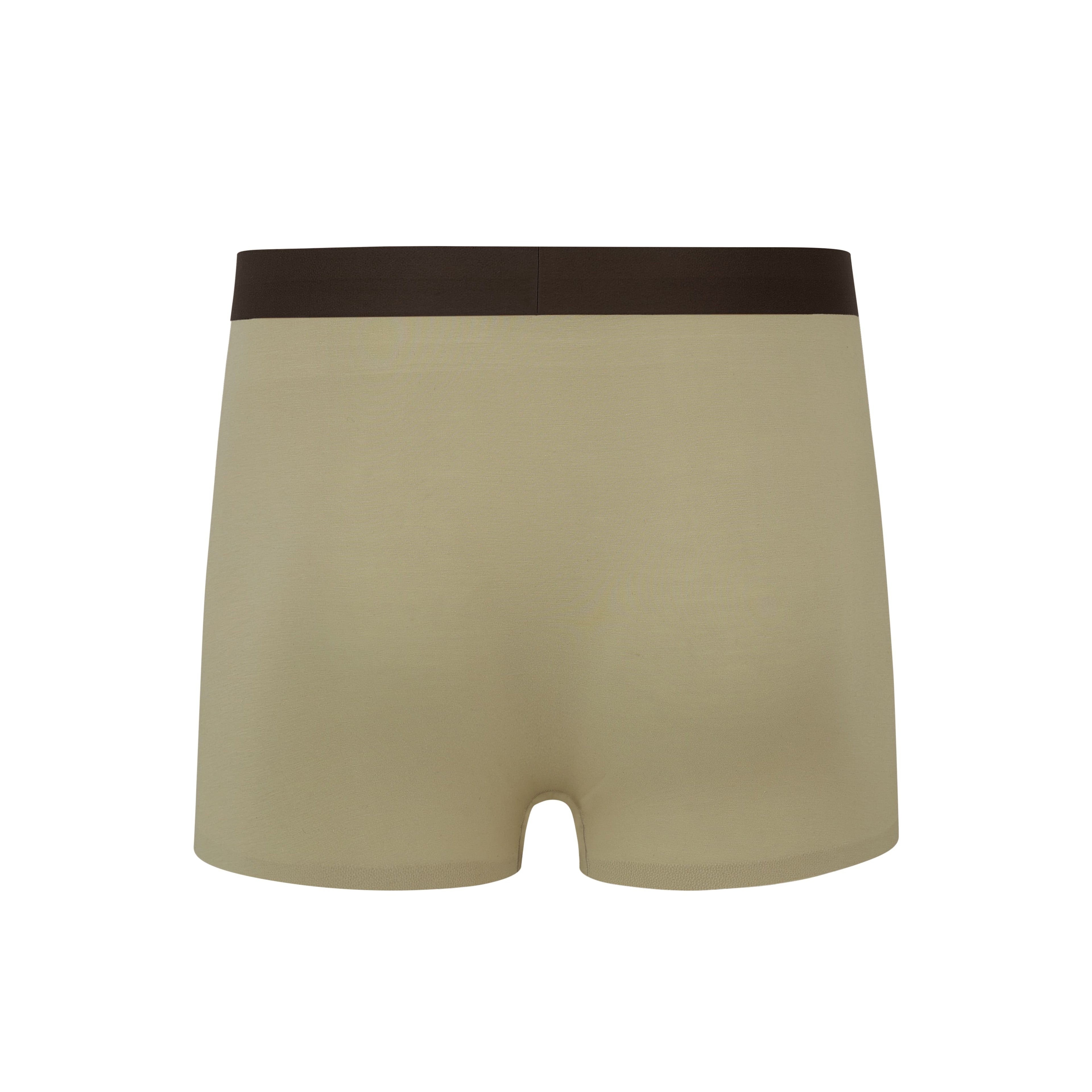 Flat lay of back of khaki boxer briefs with brown waistband. Camel color.