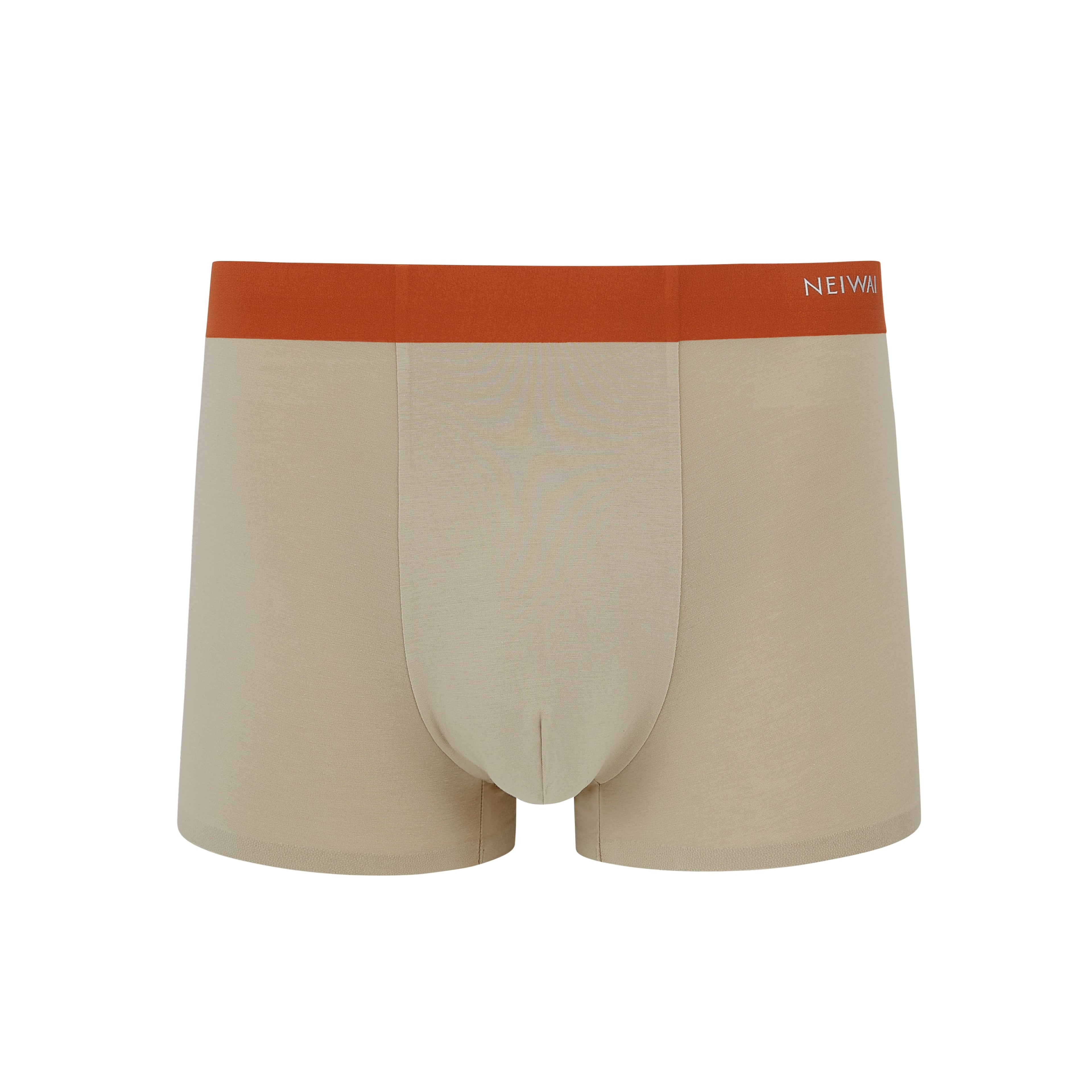 Flat lay of tan boxer briefs with orange waistband. Oatmeal color. 