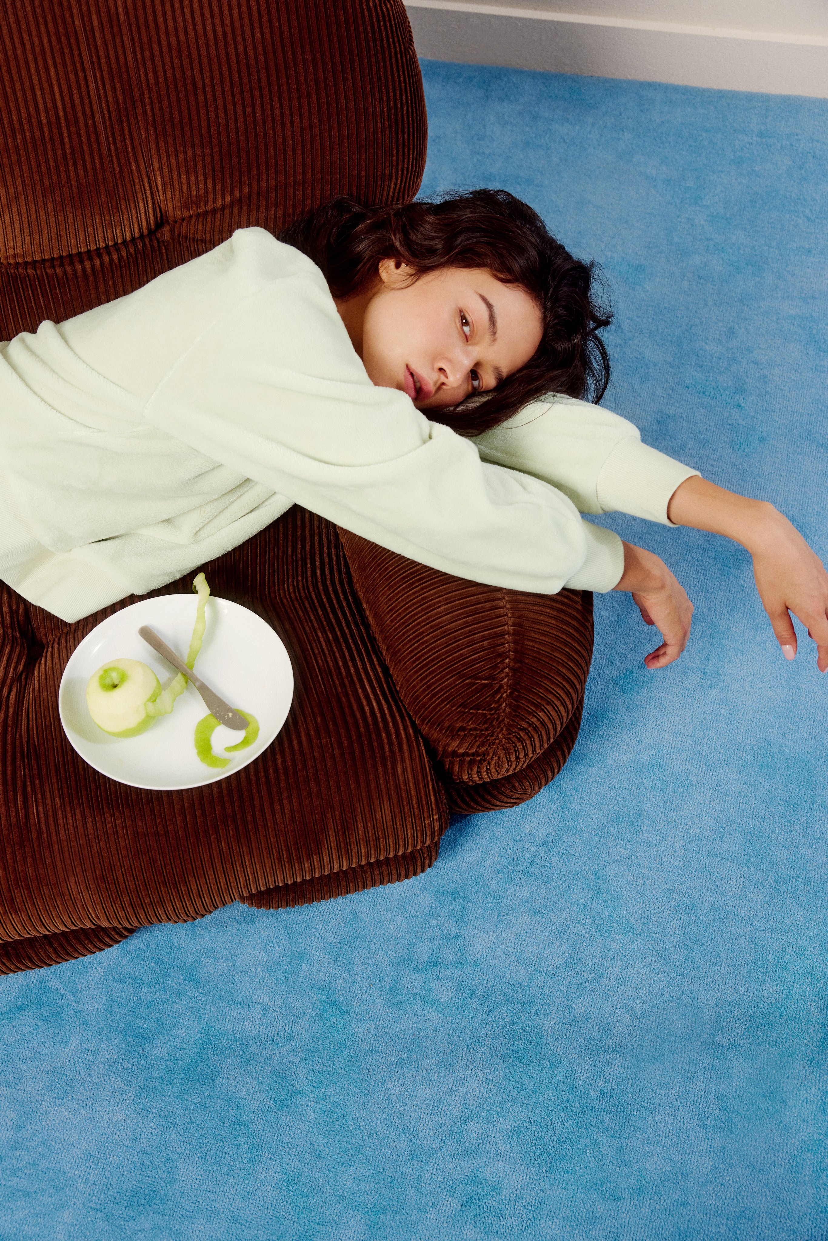 woman in light mint color lounge top