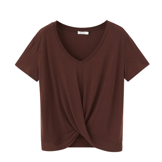 a brown short sleeve drape-front sweater