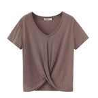 a grey short sleeve drape-front sweater