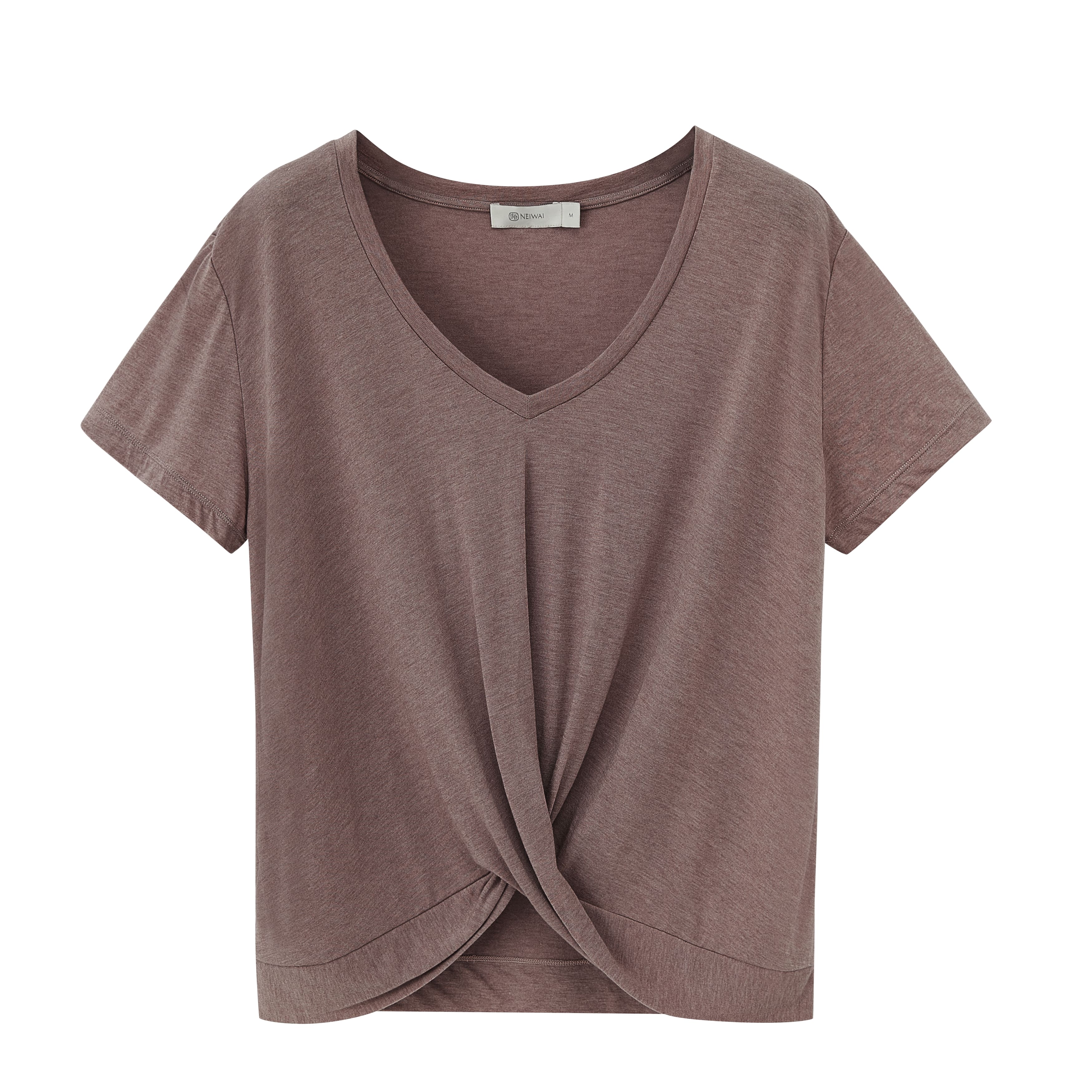 a grey short sleeve drape-front sweater