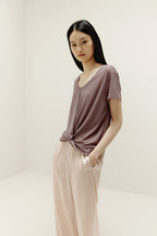 side view of the short sleeve drape-front sweater