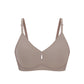 Flat lay image of purple grey bra with plunge neckline and center cutout 