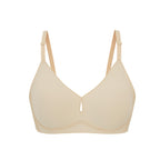 Flat lay image of beige bra with plunge neckline and center cutout. Brazilian Sand color. 