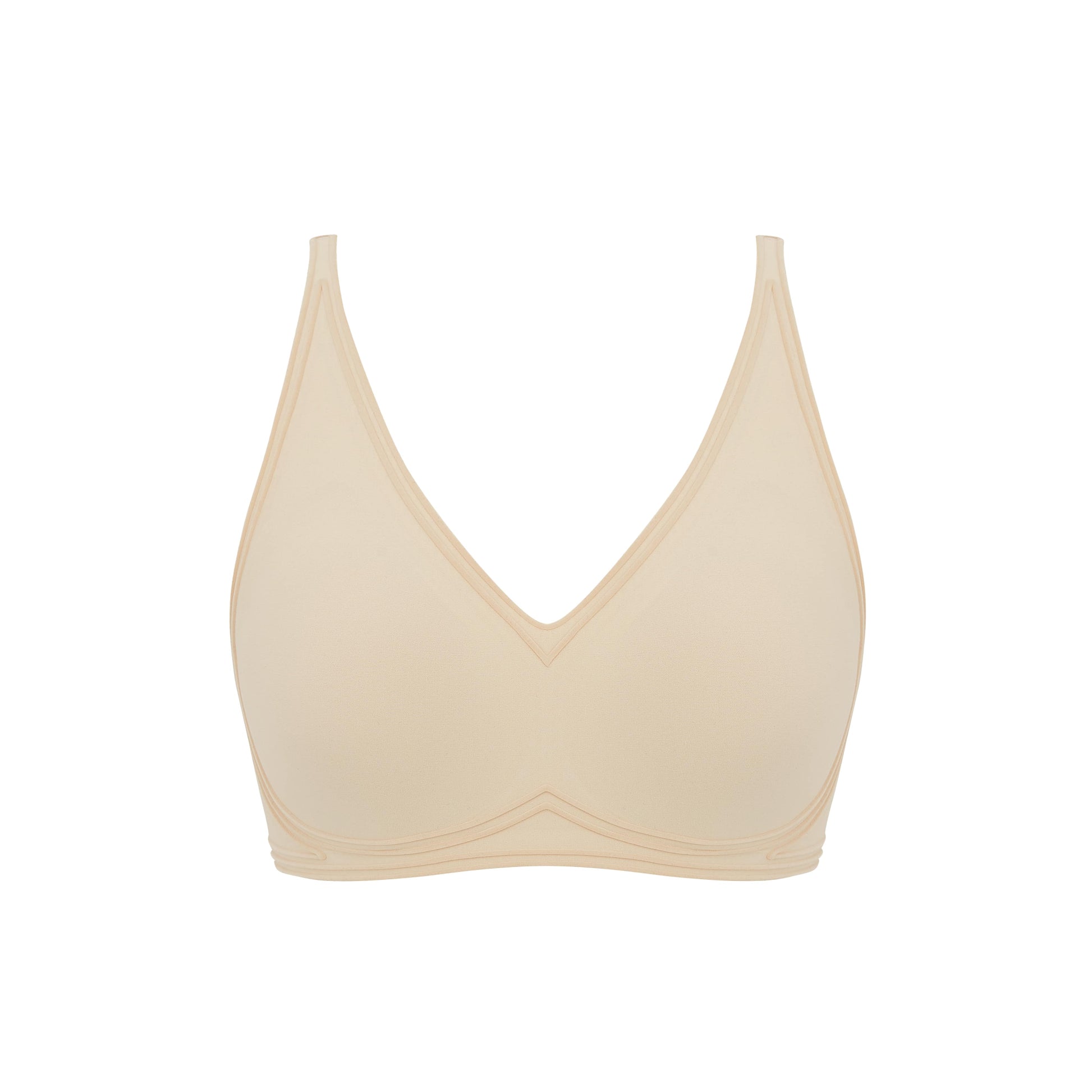 Flat lay image of beige bra with plunge neckline