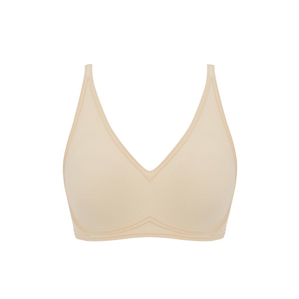 Flat lay image of beige bra with plunge neckline