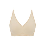 Flat lay image of beige bra with plunge neckline