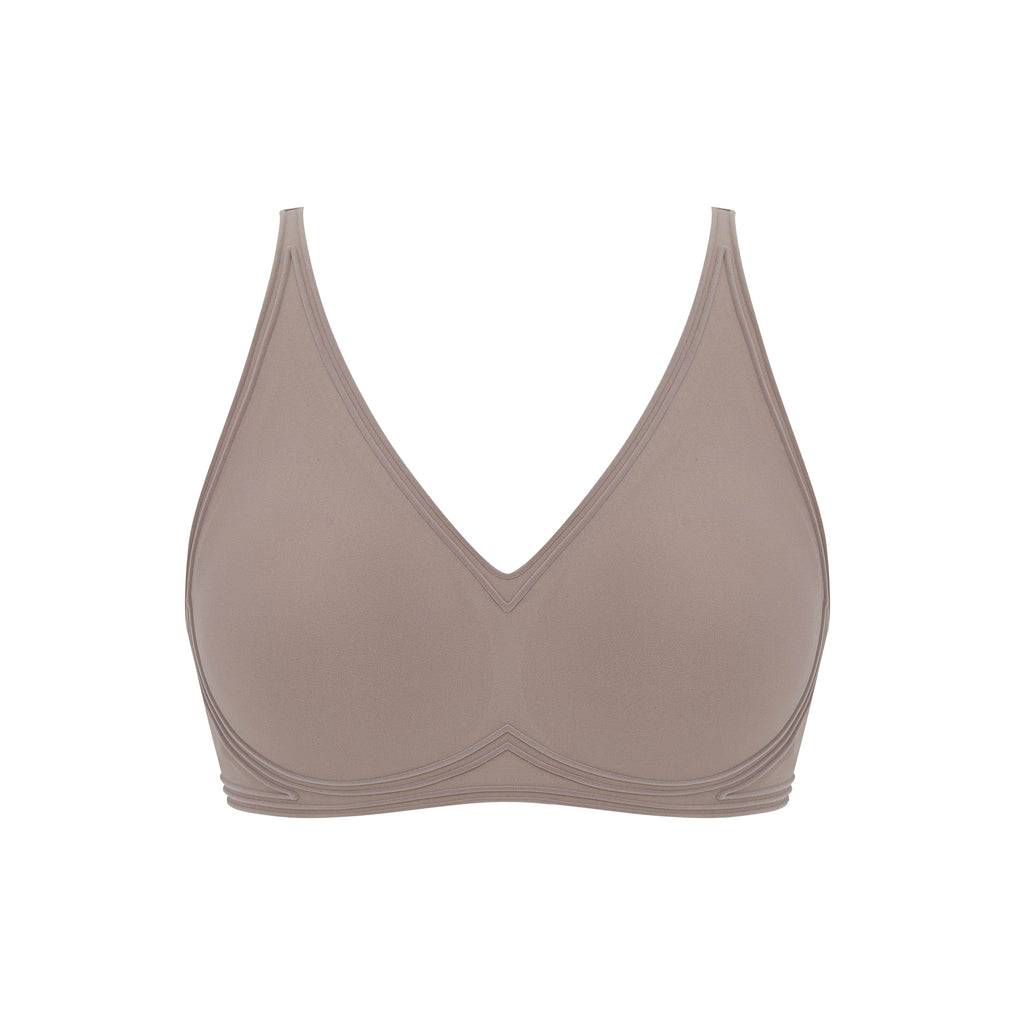 Flat lay image of purple grey bra with plunge neckline