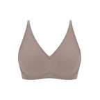 Flat lay image of purple grey bra with plunge neckline