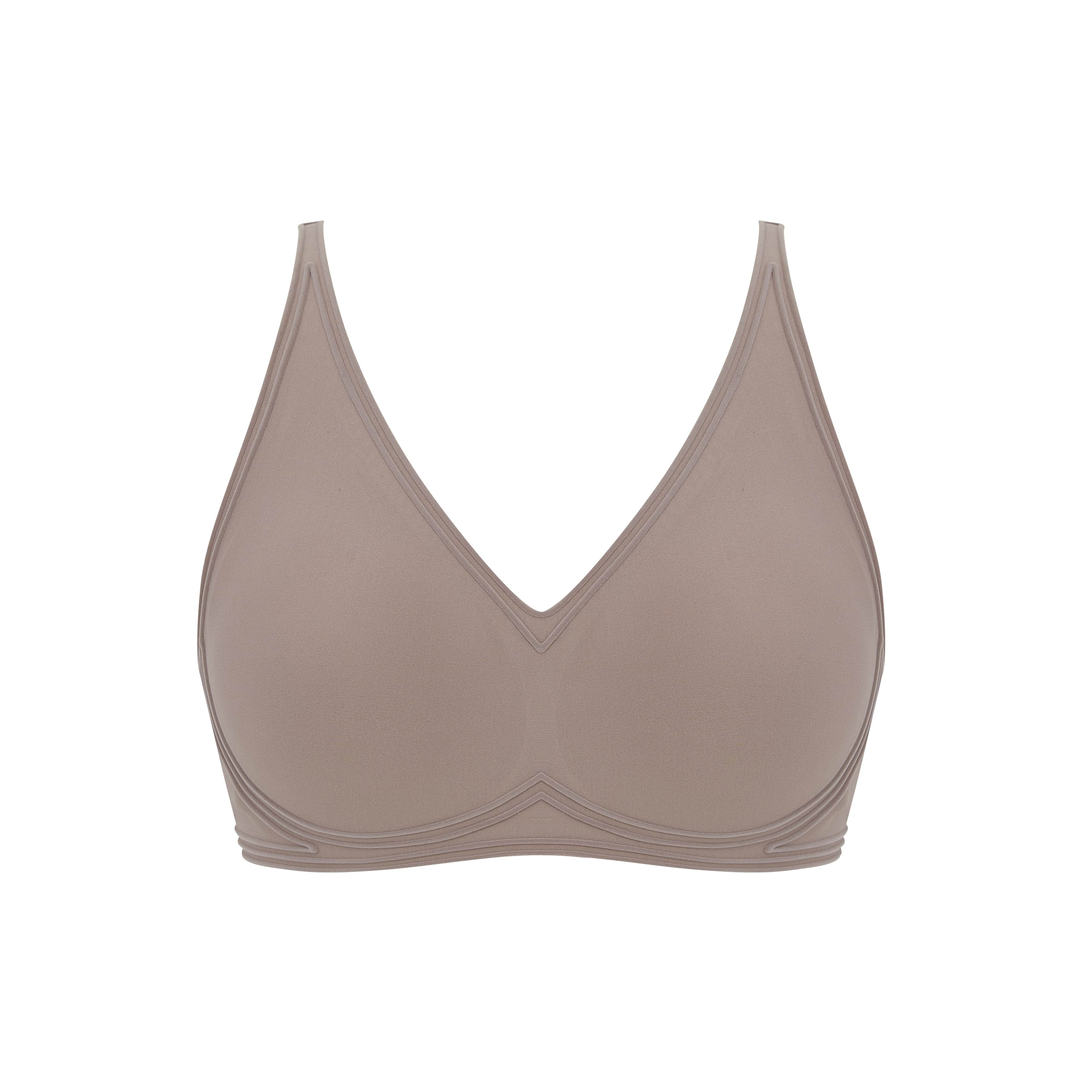 Flat lay image of purple grey bra with plunge neckline