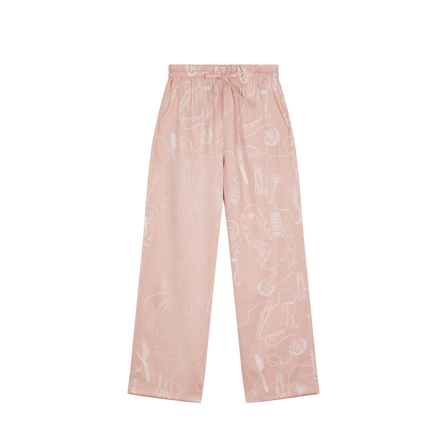 flat lay image of pink pajama pants with white sketches